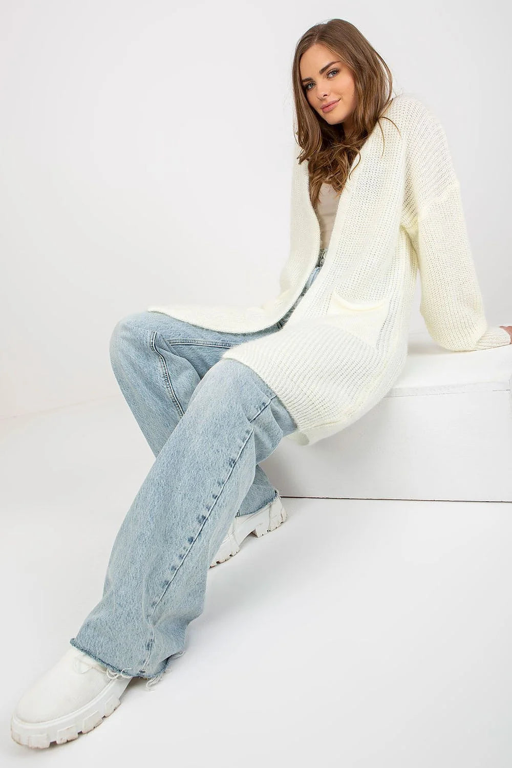 Cardigan Och Bella longue manches longues style casual large poches acrylique moher laine femme