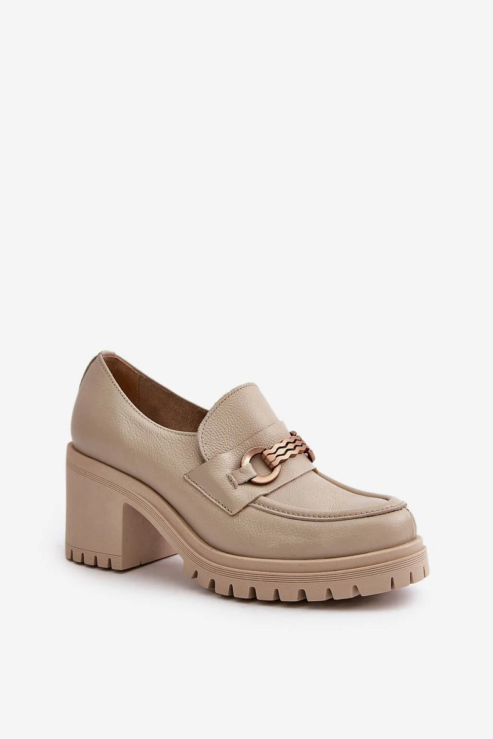 Chaussures basses à talons Step in style en cuir naturel beige clair, talon épais 7.5 cm, design moderne, confortable, style élégant pour femmes
