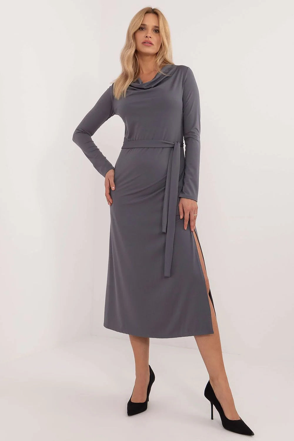 Robe élégante pour femme mi-mollet longue manches longues col bénitier ceinture ajustable matière confortable Lakerta
