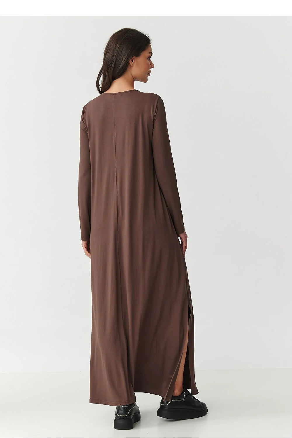 robe maxi longue viscose stretch manches longues encolure V coupe évasée fentes latérales fluide jersey chocolat noir kaki anthracite