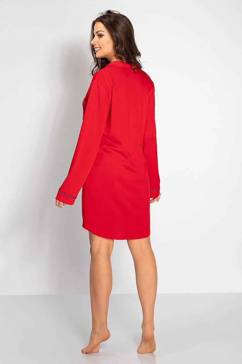 Chemise de nuit élégante pour femme en rouge vif longues manches col V poche poitrine douce viscose
