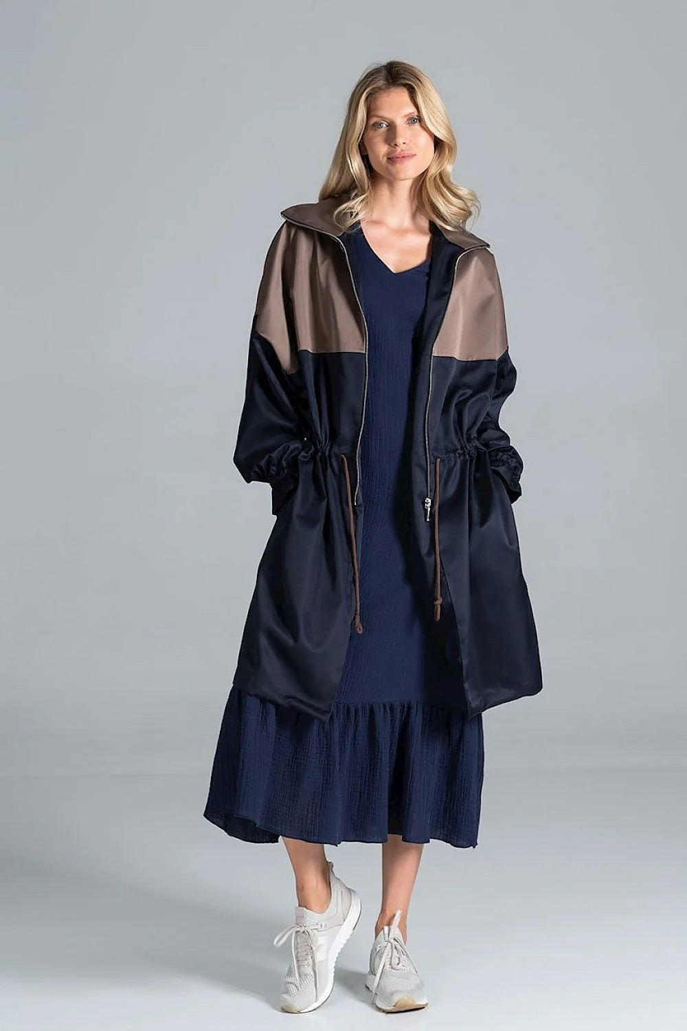 Manteau femme polyester bicolore gris clair beige long élégant urbain capuche mi-saison mode automne
