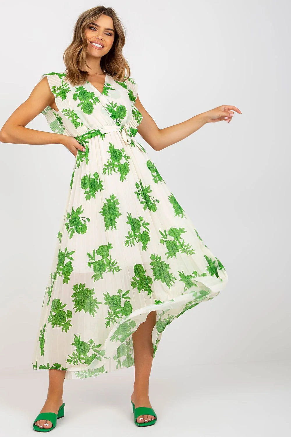 robe estivale longue volants manches courtes ceinture nouée ajustable motif floral orange crème fluide plissé portefeuille décolleté V