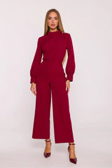 combinaison bordeaux femme élégante taillehaute palazzo cheville ajustée buste fluide structuré colmontant manchesbouffantes poignetsfendus boutonsdorés zipcaché légère soyeuse polonaise intemporelle