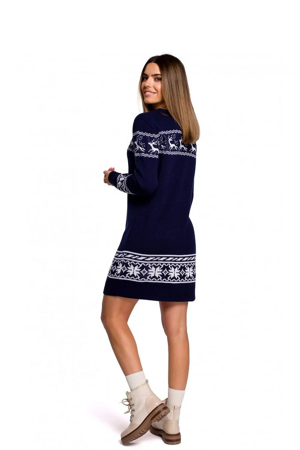 Robe pull femme laine tricotée décontractée motifs Noël rennes flocons élégante pour hiver festif