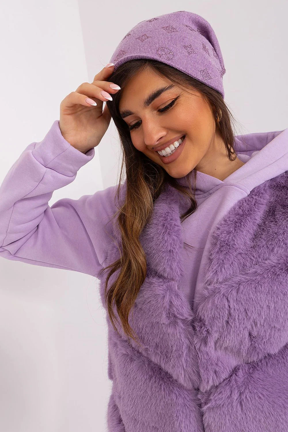 Bonnet d'hiver en cachemire pour femme avec strass, style décontracté, couleur lavande pastel, matériau acrylique-coton-cachemire