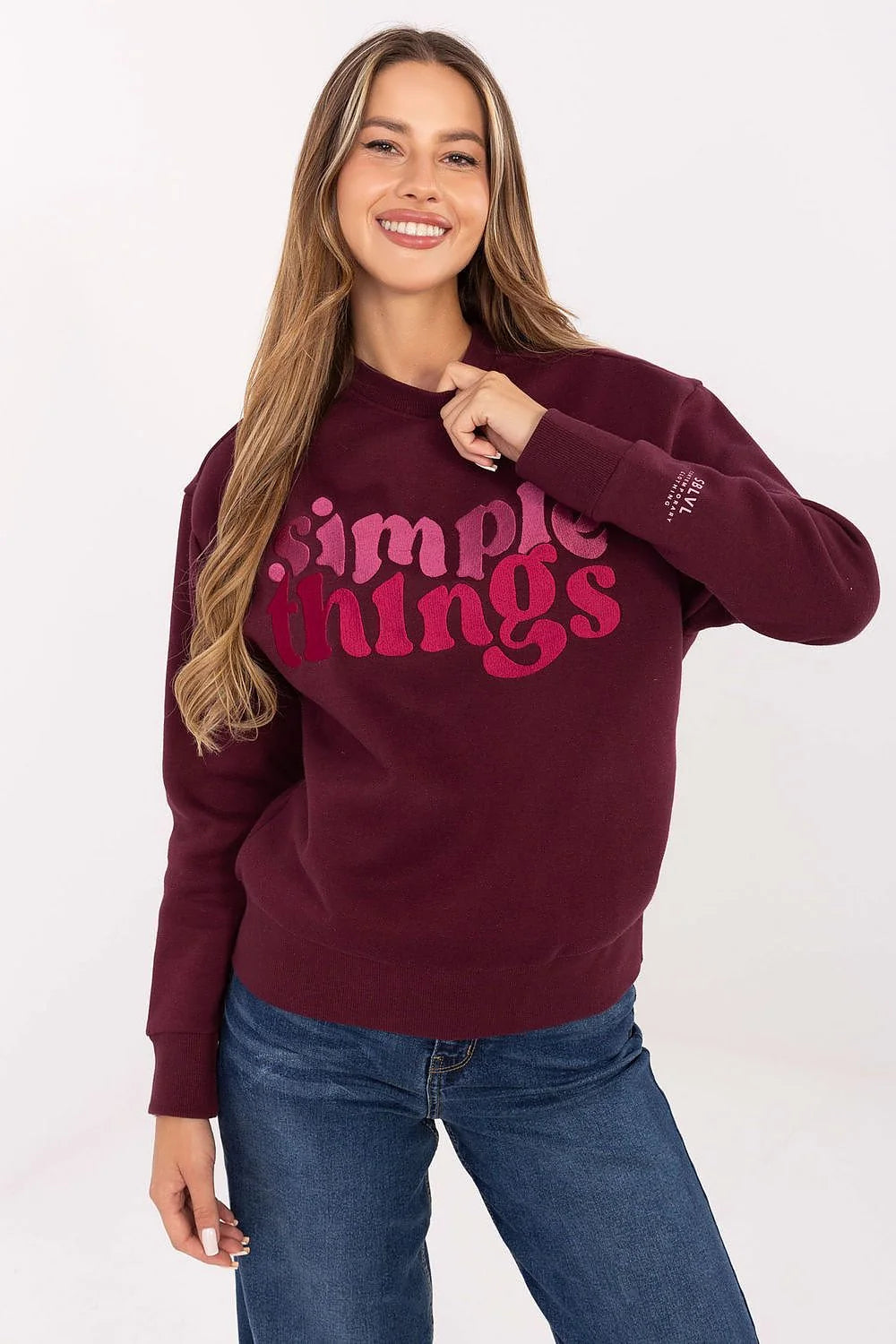 sweatshirt femme bordeaux molleton coton doux confortable coupe droite col rond manches longues bordcôtes poignets ourlet lettrage sérigraphié fuchsia rétro