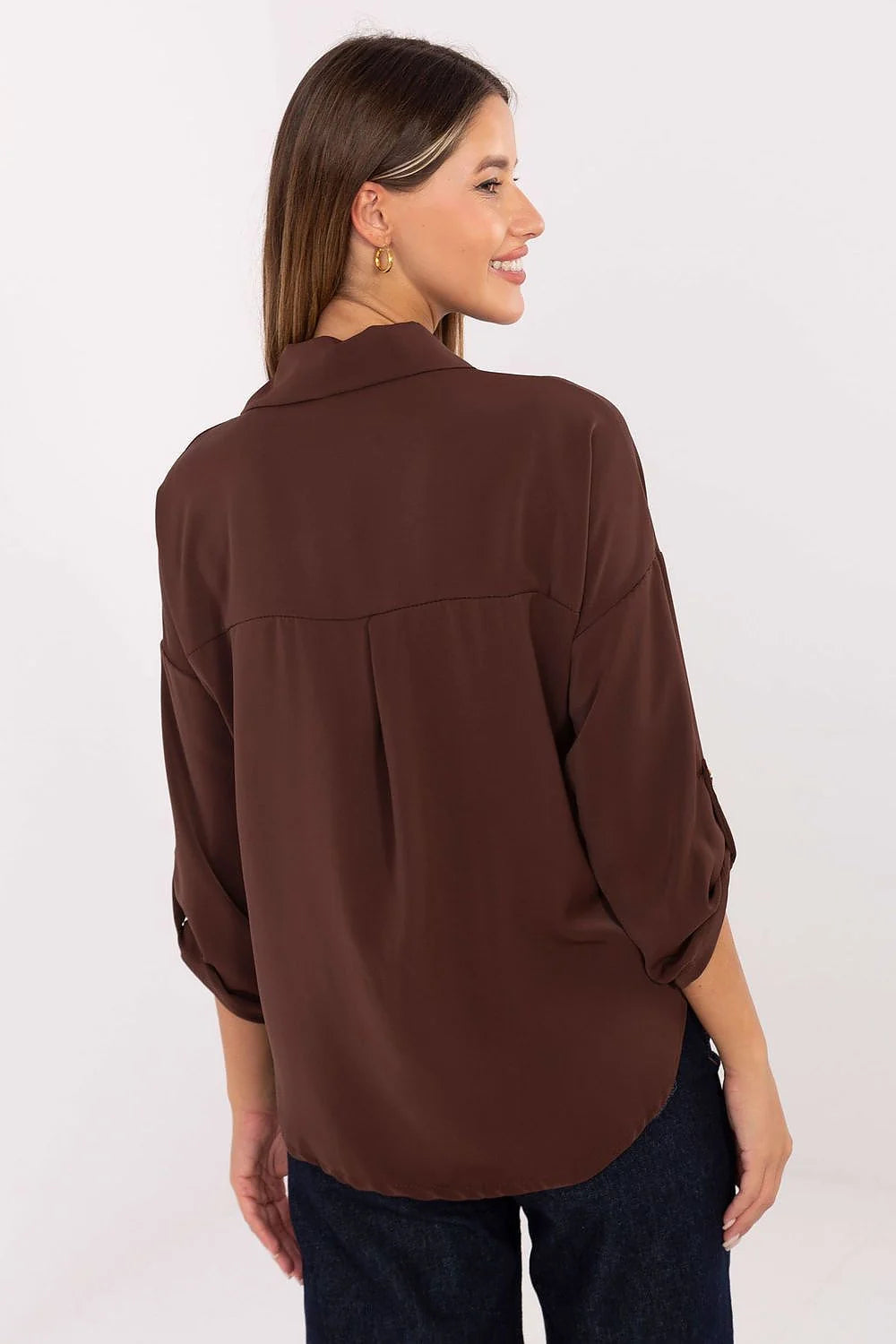 chemise femme manches longues retroussables col classique boutonnée boutons dorés décoratifs fleur pastille texturée chocolat fluide léger oversize