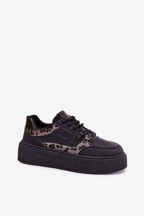 baskets femme plateforme noires cuir synthétique imprimé léopard perforé lacets col rembourré maintien confort semelle épaisse silhouette affinée