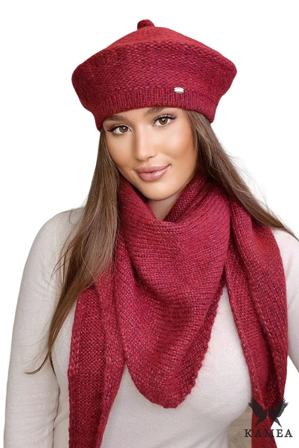 Béret et écharpe Ofelia en laine mérinos couleur vin pour femme, style élégant hiver 2023