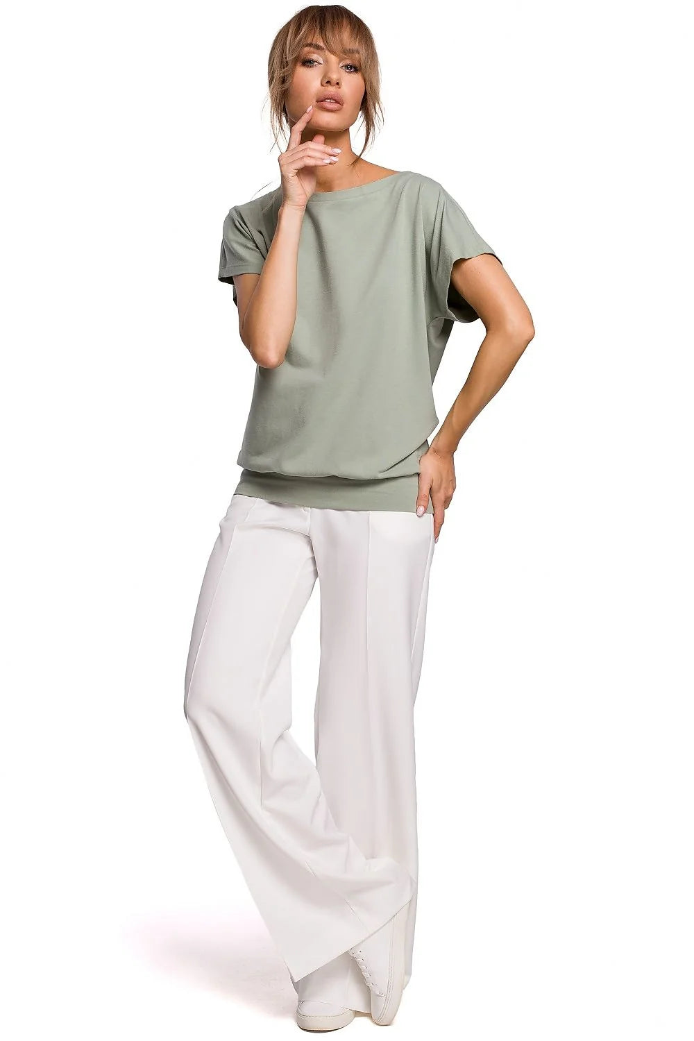 chemisier femme coton élasthanne ample décontracté élégant vert kaki manches courtes encolure bateau épaules tombantes ourlet large fluide confortable