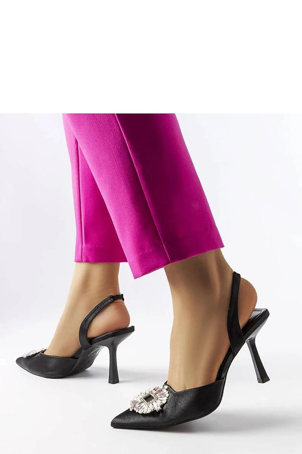 Escarpins élégants à talon stiletto高12cm, design slingback, bijoux scintillants, matière satinée noire, idéal pour soirées, femmes