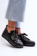 sneakers derby femme cuir vernis noir basse brillante lacets œillets métal plateforme crantée exclusive semelle intérieure souple confort