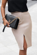 Jupe élégante IVON coupe crayon taille haute fente discrète matière stretch couleur nude femme