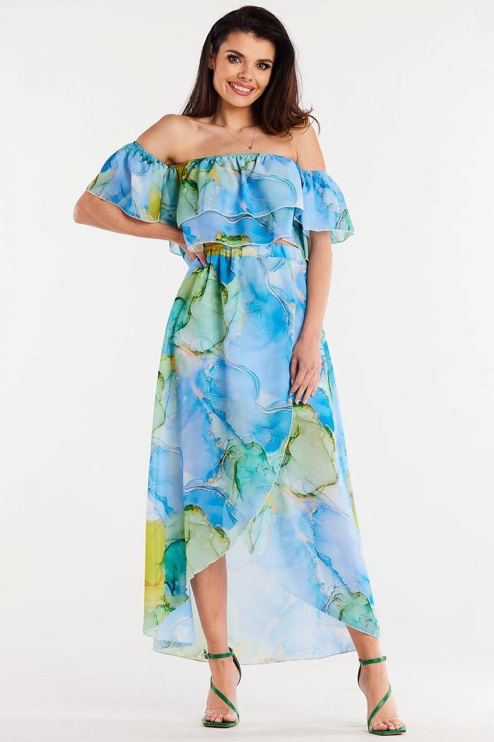 Jupe longue asymétrique en mousseline de soie style bohème encolure Bardot manches volant motif aquarelle polyester 100% taille ajustable femme été