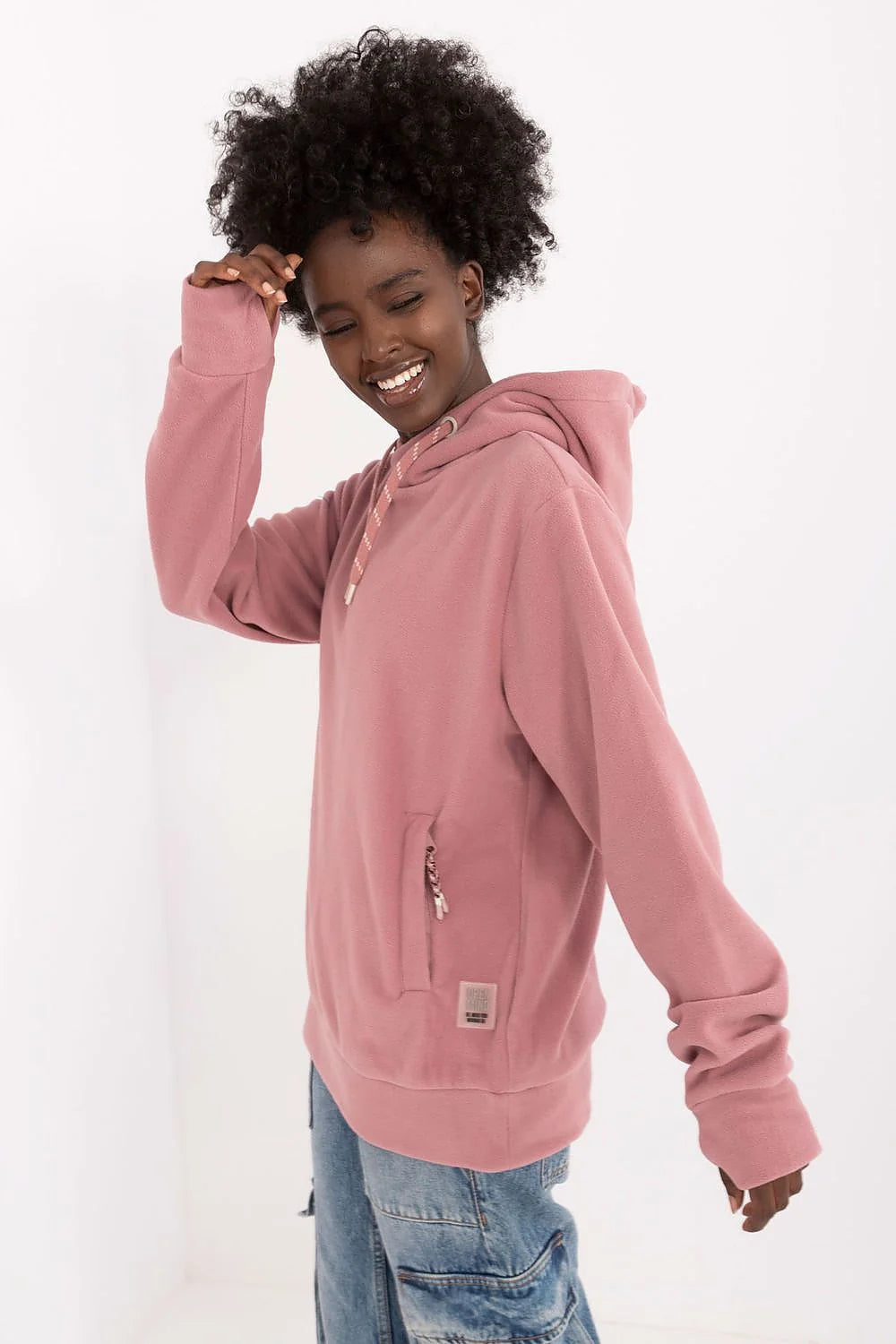 Sweatshirt à capuche pour femme style décontracté couleur rose douce matériau molletonné coupe ample poche kangourou manches longues