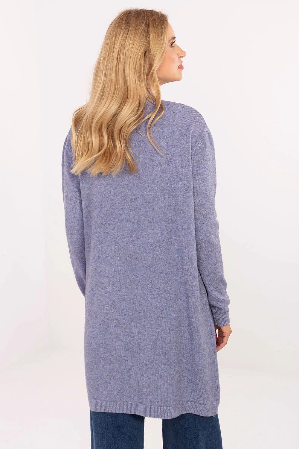 cardigan long ouvert femme lavande pervenche maille douce chinée mi cuisse manches longues poches plaquées bords côtelés coupe droite ajustée