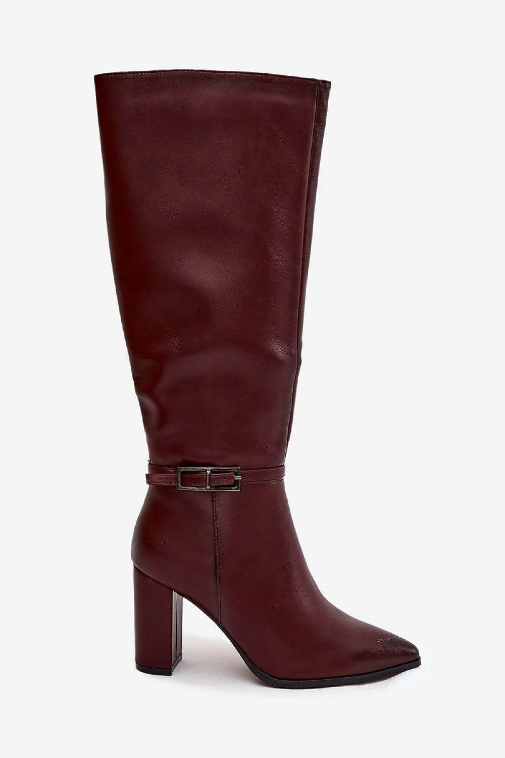 bottes hautes femme bordeaux simili cuir lisse tige genou bout pointu talon bloc stable bride fine boucle métal doublure fourrure