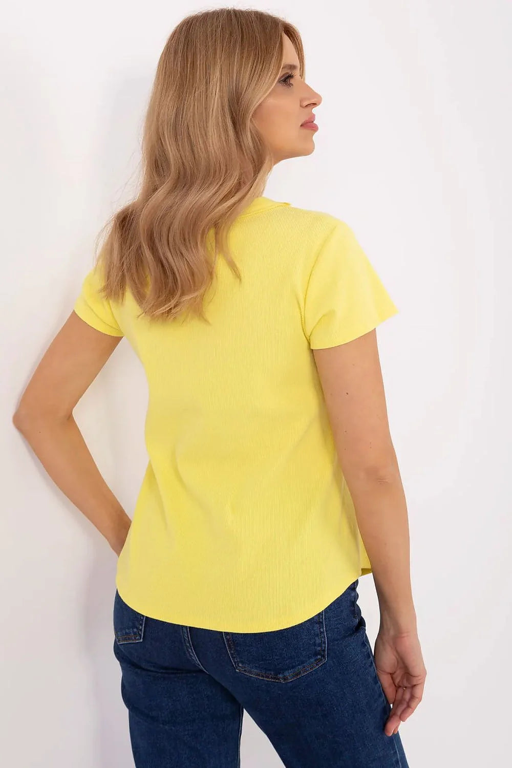chemisier femme décontracté moderne jaune vif coton élasthanne côtelé col V boutons métalliques manchescourtes ajusté extensible