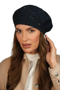 Béret Kamea en tricot bleu marine élégant pour femme avec sequins et bordure côtelée, idéal pour l'automne et l'hiver