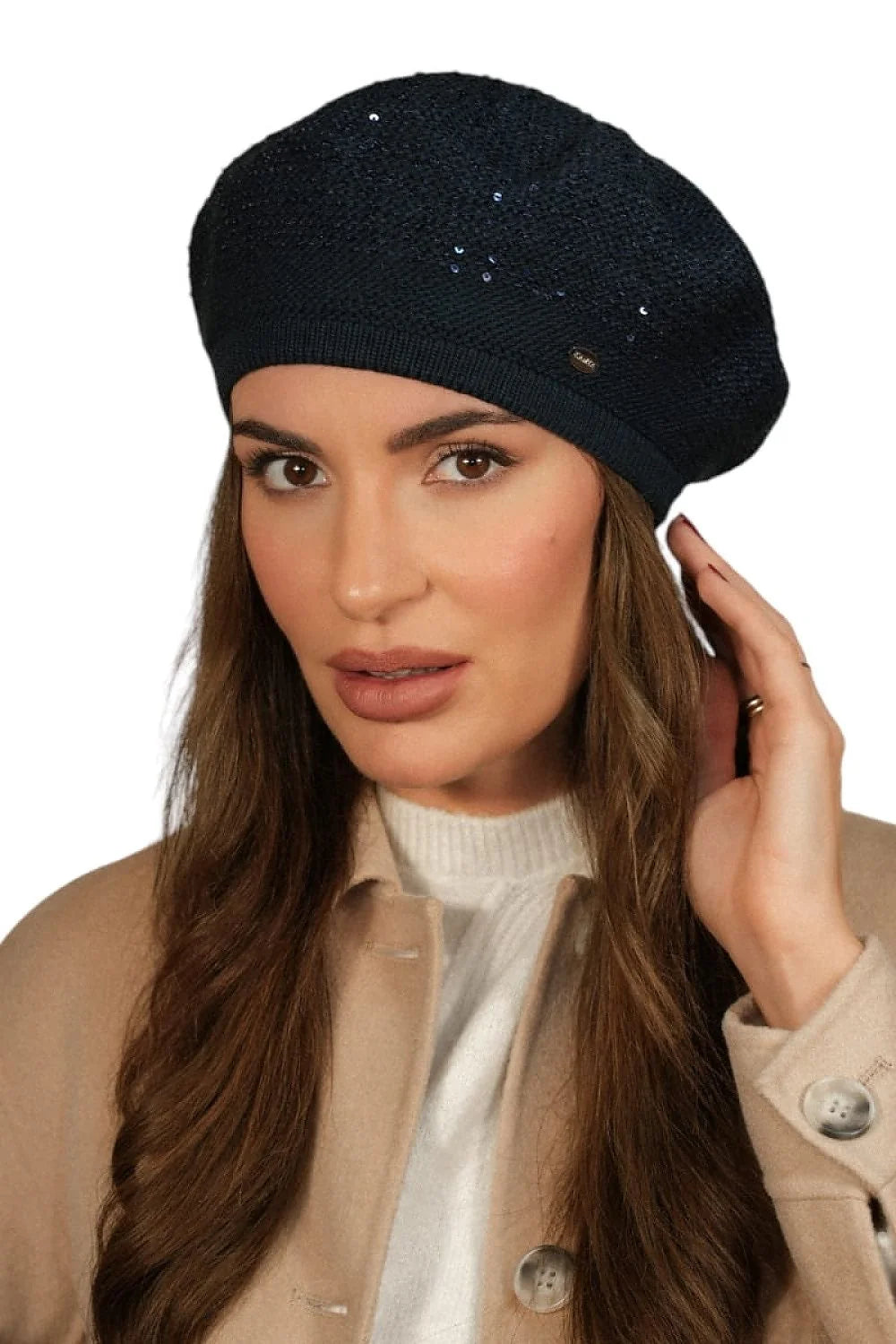 Béret Kamea en tricot bleu marine élégant pour femme avec sequins et bordure côtelée, idéal pour l'automne et l'hiver