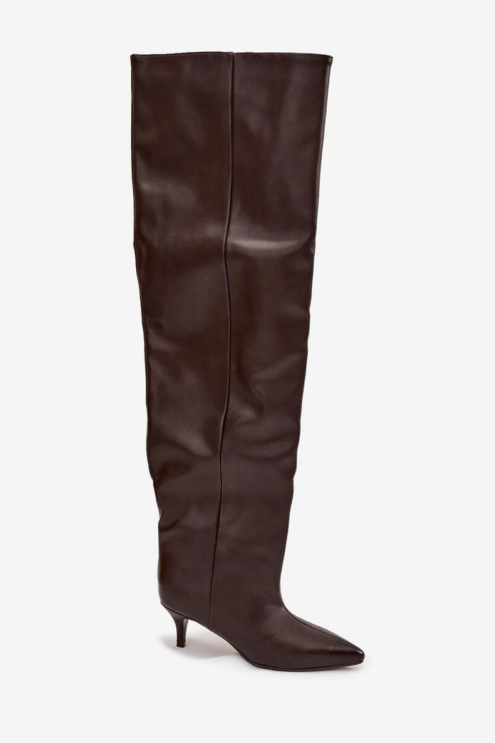 cuissardes femme simili cuir marron foncé tige large slouchy mi cuisse pointe pointue talon kitten 6cm confortable rétro élégant