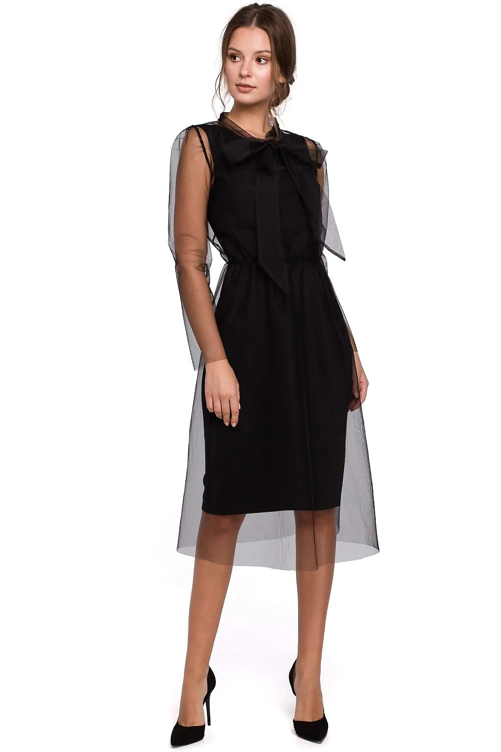 Robe cocktail tulle noir élégante moderne vieux rose superposée nœud transparent femme chic tendance