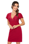 Robe élégante pour femme en rouge bordeaux dentelle décolleté en V manches courtes évasées silhouette flatteuse