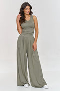 Ensemble Makadamia pour femme décontracté chic coupe ajustée débardeur sans manches pantalon large jambes larges vert kaki jersey fluides occasion quotidienne