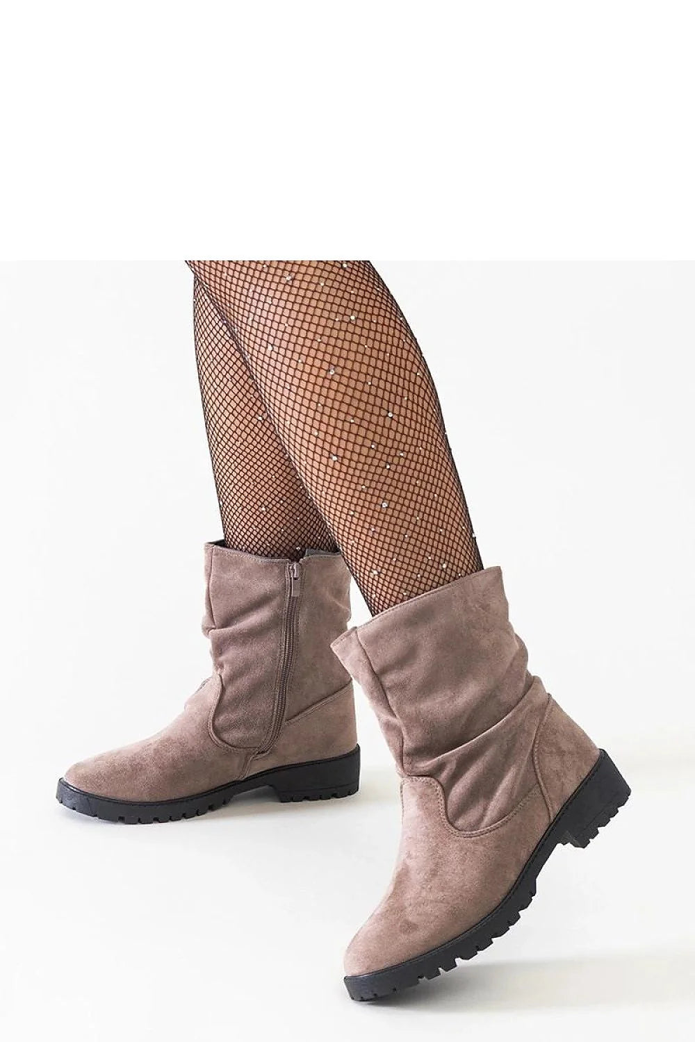 bottines marron plissées suédine Hinda doublées cuir écologique mi mollet froncées fermeture éclair latérale bout amande semelle caoutchouc