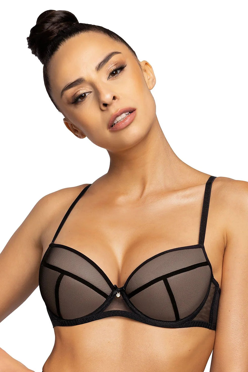 Soutien-gorge push-up élégant en tulle noir transparent, bretelles ajustables, pendentif métallique, coupe balconnet, lingerie féminine