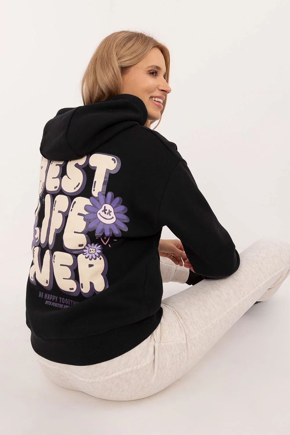 Sweatshirt Sublevel pour femme, capuche, motifs floraux violet et rose, coton polyester, manches longues, coupe ample, style casual urbain