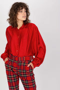 chemise femme satinée rouge vif oversize manches longues ballons poignets boutonnés col classique patte boutonnage frontale tombé fluide lumineux brillante