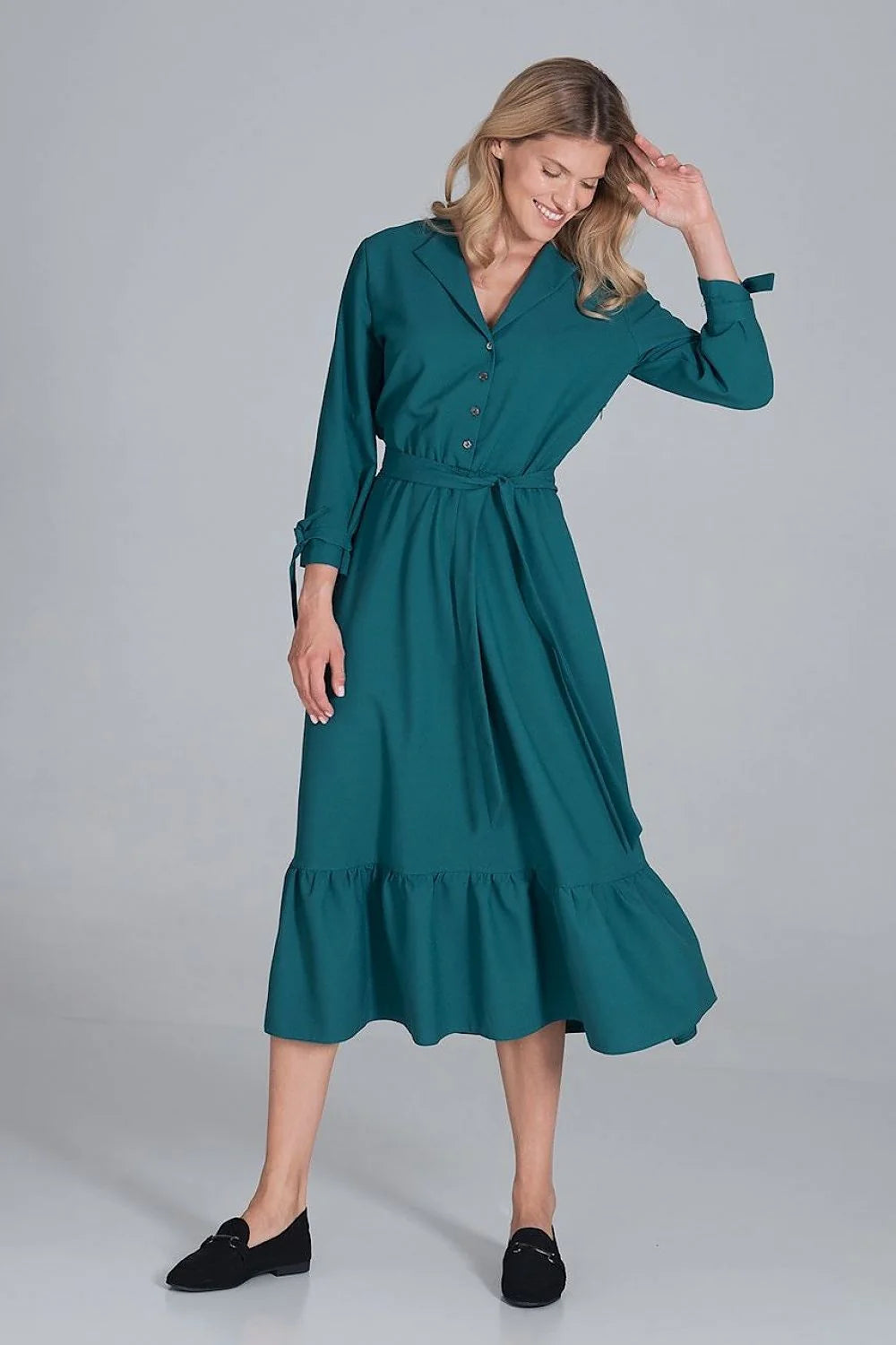 Robe élégante en polyester bleu ciel, style décontracté chic, manches longues, ceinture pour femme