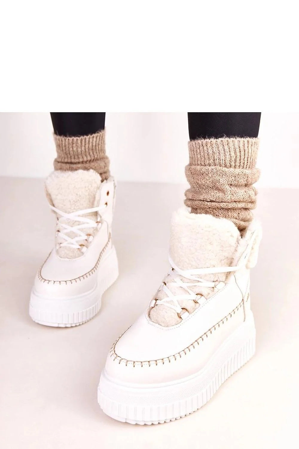 bottines sport femme lacets stylées urbanes confort quotidien cuir écologique synthétique crème sherpa fourré plateforme 6cm semelle crantée antidérapante cheville