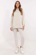 ensemble décontracté femme sweatshirt long capuche oversize tunique fentes latérales manches longues poignets ajustés legging slim côtelé cheville beige clair
