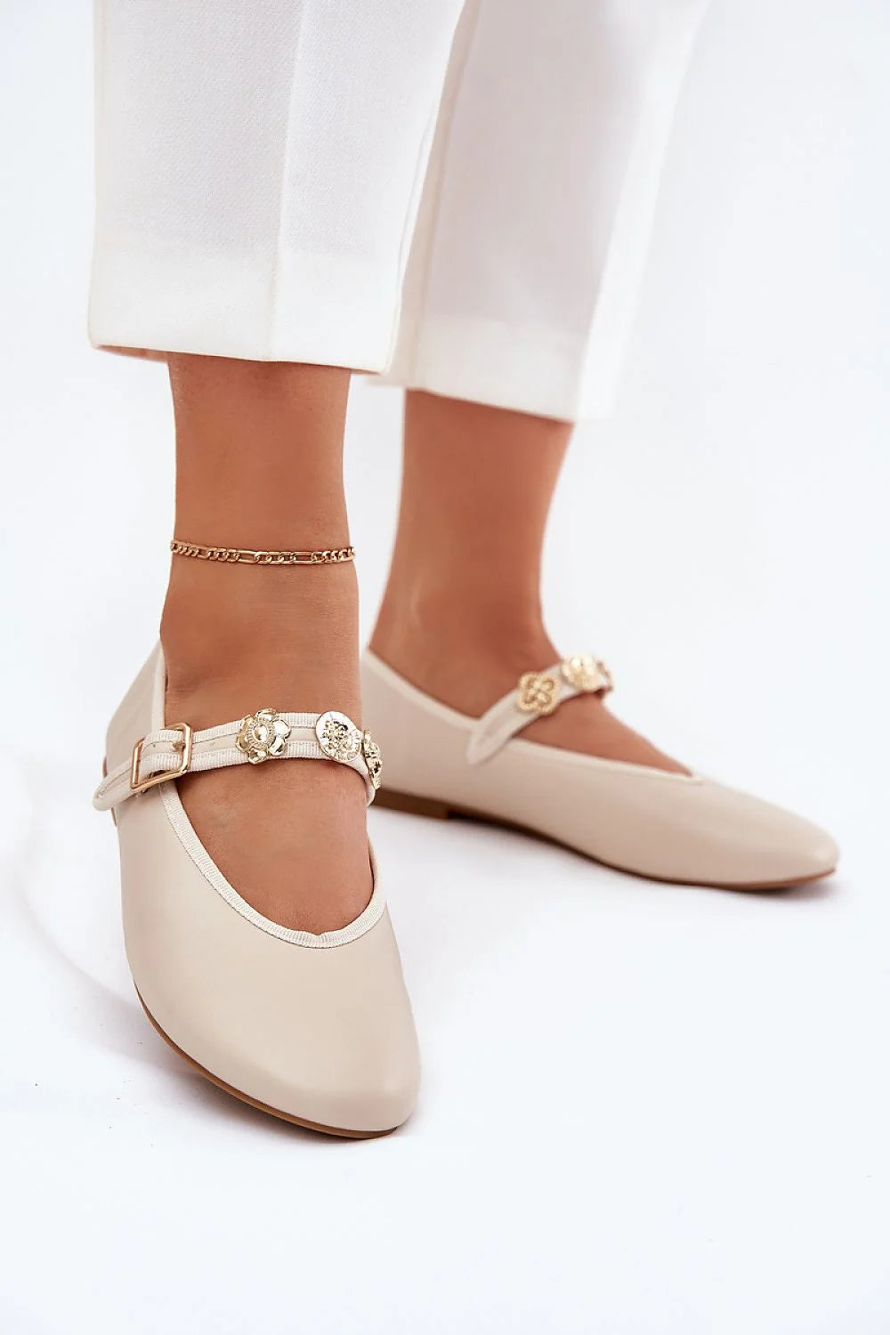 Ballerines pour femmes en similicuir style épuré beige doré ajustables sangle fleur talon 1 cm occasion多种