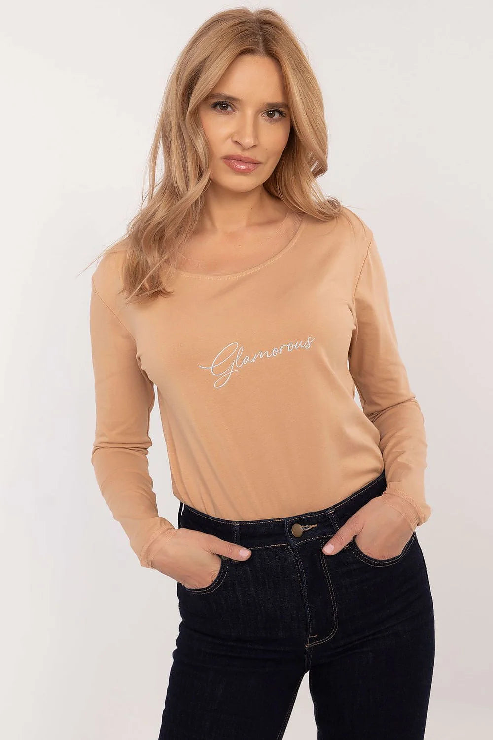 T-shirt femme longues manches moderneinscription Glamourcoton élasthanne beige