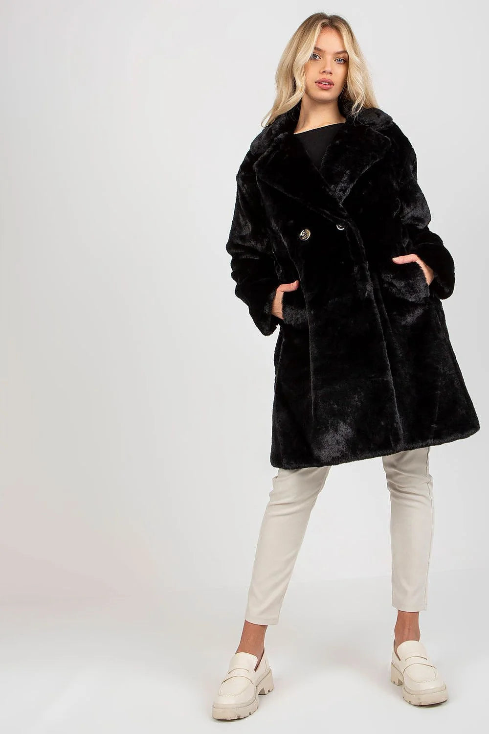 Manteau pour femme élégant long fourrure fausse noire manches longues col large double bouton poches latérales polyester intemporel