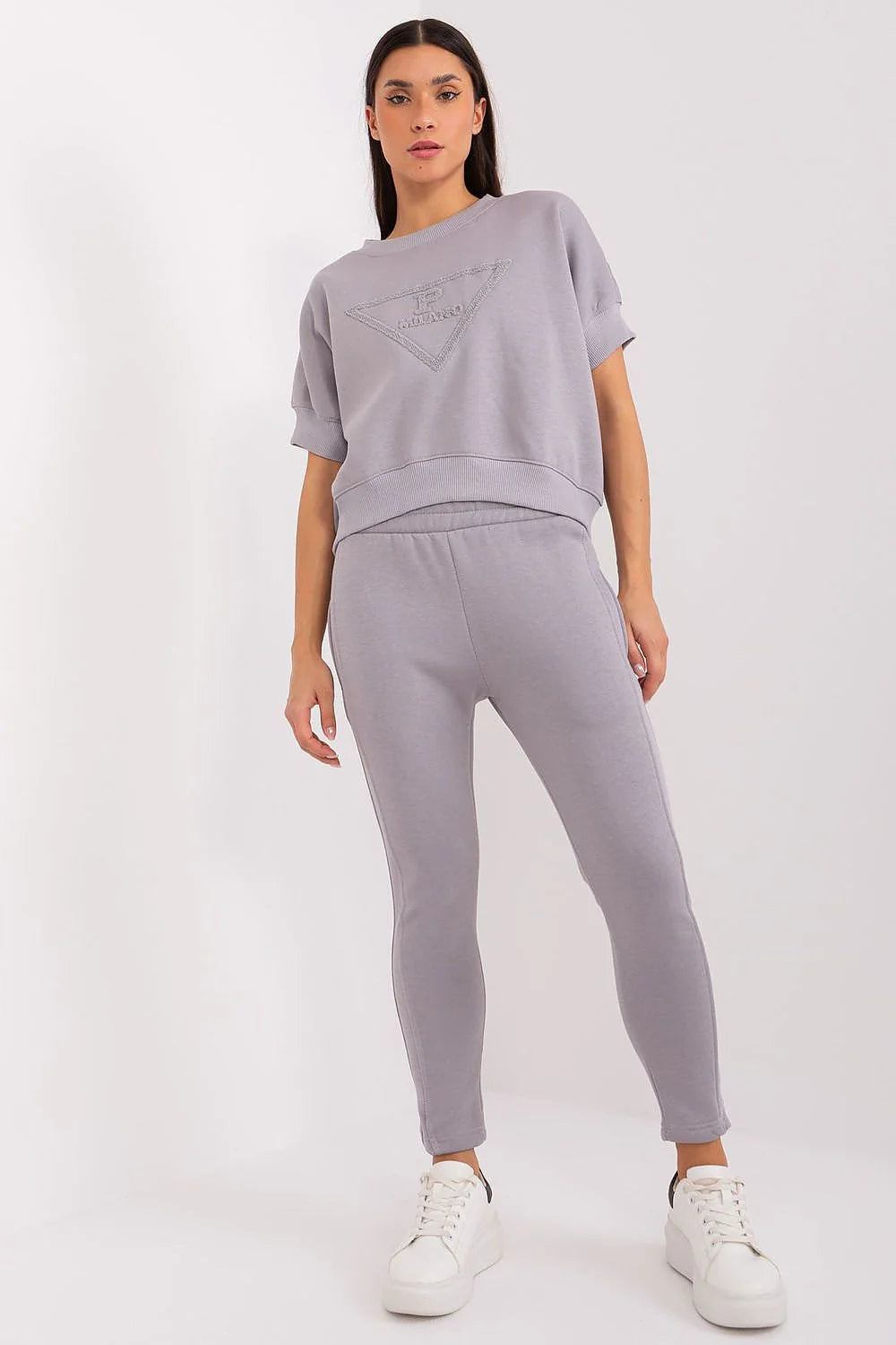 Ensemble de survêtements isolés pour femmes en coton polyester, style décontracté, coupe ajustée, motif graphique, gris clair, confort durable