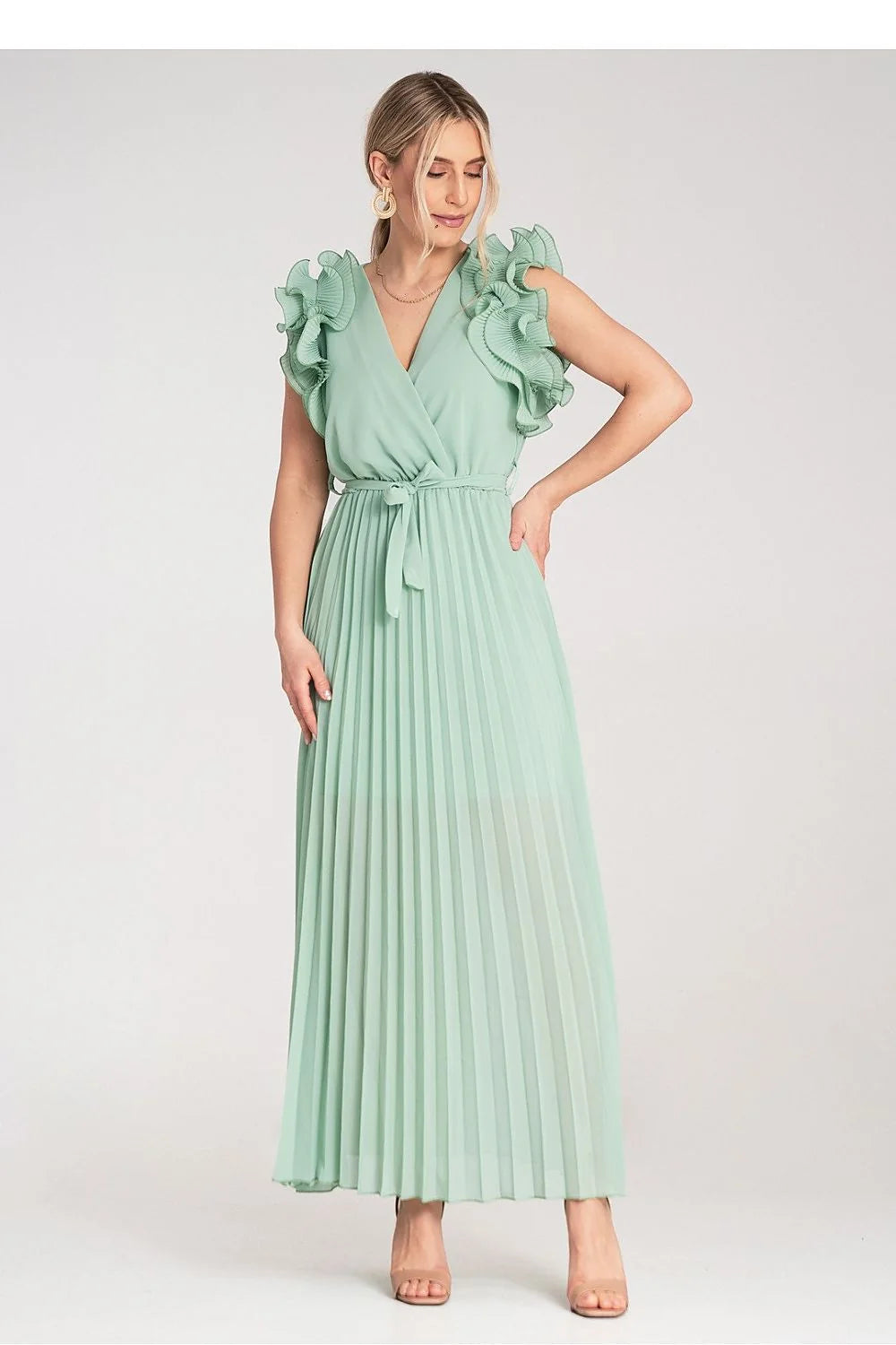 Robe de cocktail élégante longue sans manches en V vert menthe volants épaules ceinture assortie taille élastique polyester femme