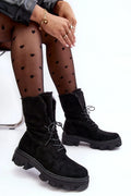 Bottes femmes modernes robustes cuir suédé noir doublure fourrure semelle épaisse lacets talon plat plateforme