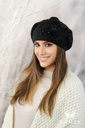 Béret élégant en laine angora noir fleurs fourrure zircons femmes hiver automne accessoire mode intemporel coupe arrondie confortable
