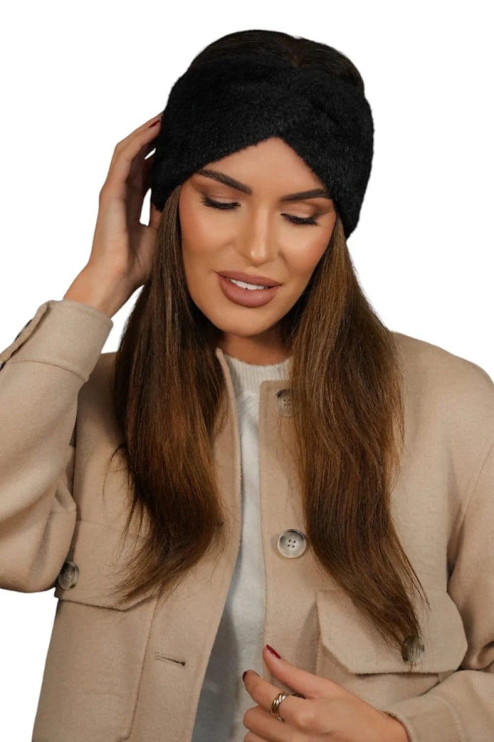 Bandeau d'hiver élégant pour femme en polyamide noir avec nœud croisé, confort tout au long de la journée, style sophistiqué