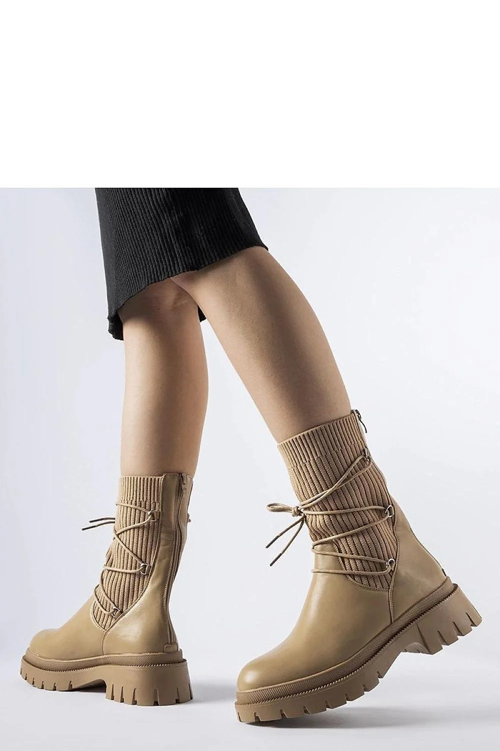 Bottes femmes beige cuir tissu côtelé lacets asymétriques fermeture éclair semelle épaisse style urbain confortable