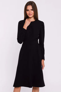 Robe noire classique pour femme manches longues épaulettes A-line midi ajustée ceinture dos couvert polyester elasthanne