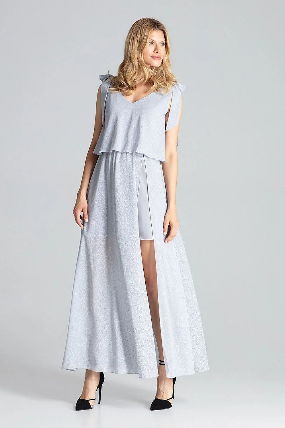 robe soirée longue rouge vif élégante cocktail polyester stretch col V profond sans manches taille élastiquée fente latérale