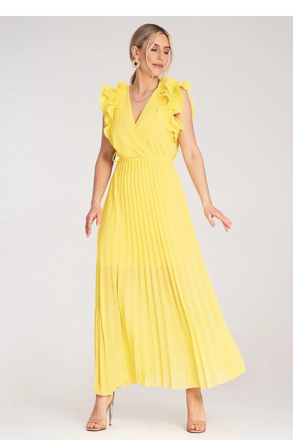 Robe de cocktail jaune vif sans manches volants taille ajustable polyester léger robe longue pour femme soirée été