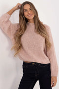 Pull pour femme élégant style moderne maille épaisse couleur rose pâle manches longues col montant laine acrylique viscose polyamide