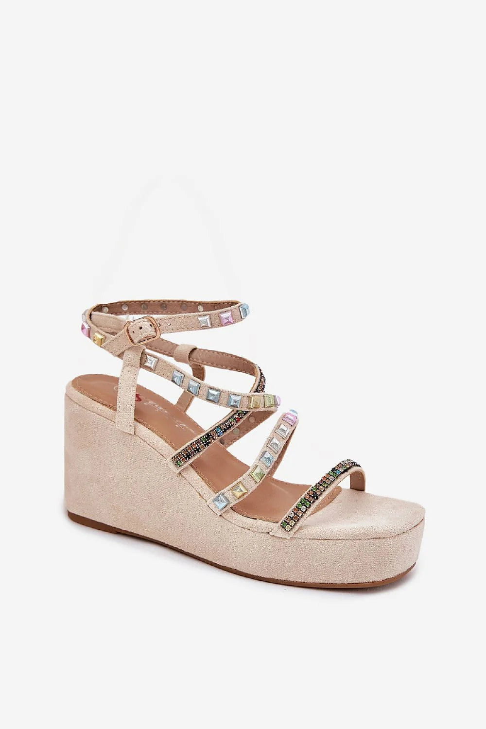 Sandales compensées Cothurnes Step in style suédine écologique strass multicolores beige talon 9 cm ajustable femmes